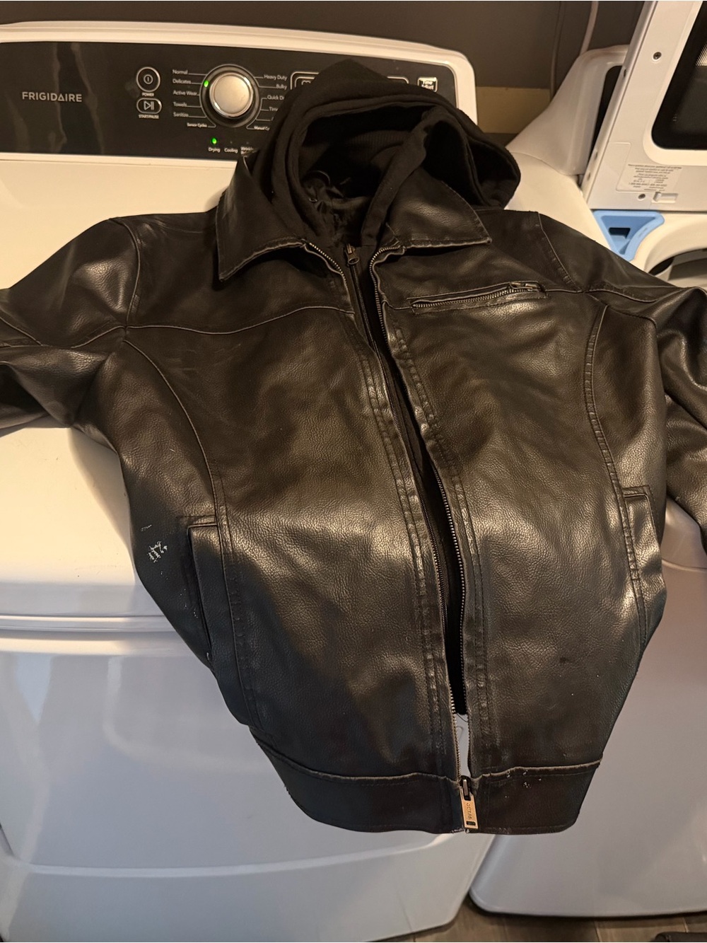 Guess Men's Black Leather Bomber Jacket with Hooded Inner Liner